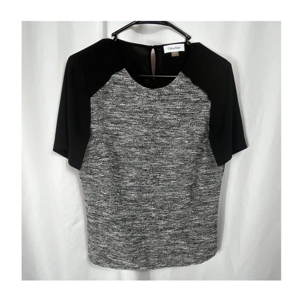 Calvin Klein Knit Marled Short Sleeve Blouse Black Gray Size Small